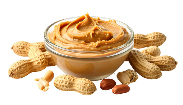 Creamy, smooth peanut butter in a glass bowl, surrounded by peanuts in their shells
