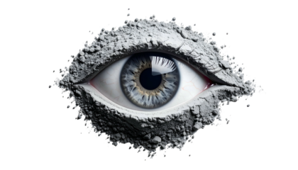 Realistic eye emerging from gray, dusty material, isolated on black, striking details