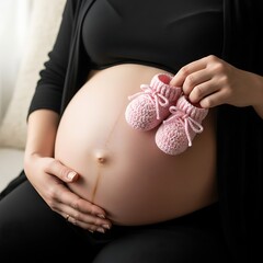 Pregnant woman holding pink baby shoes, expecting a child.