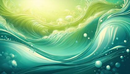 trendy summer nature banner featuring sunlit water waves and aqua mint liquid texture with bubbles