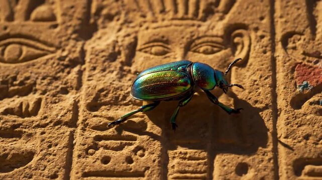 Ornate iridescent scarab beetle crawls across ancient Egyptian hieroglyphs carved in stone