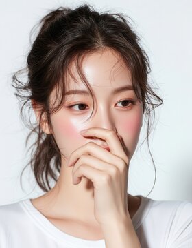 Korean Woman with Tied Hair in White Outfit Beauty Portrait, Minimal Beauty Shoot of Asian Model with Tied Hair in White, 20s Korean Female Beauty Stock Photo, AI Beauty Model in White Clothing