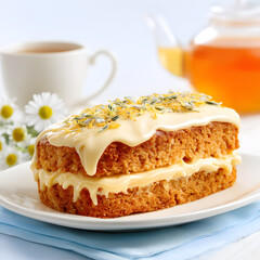 A round cake with cream and flowers on top sits on a plate. A slice has been cut out. A cup of tea and a teapot are beside the cake on a table.