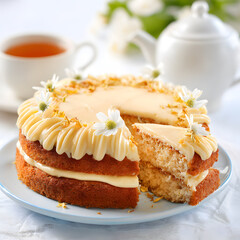 A round cake with cream and flowers on top sits on a plate. A slice has been cut out. A cup of tea and a teapot are beside the cake on a table.