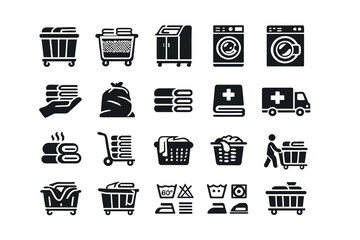 Laundry and shopping icons set: baskets, washing machines, carts, and more