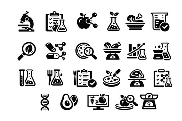 Fototapeta premium Collection of icons illustrating science and nutrition with lab equipment and healthy foods