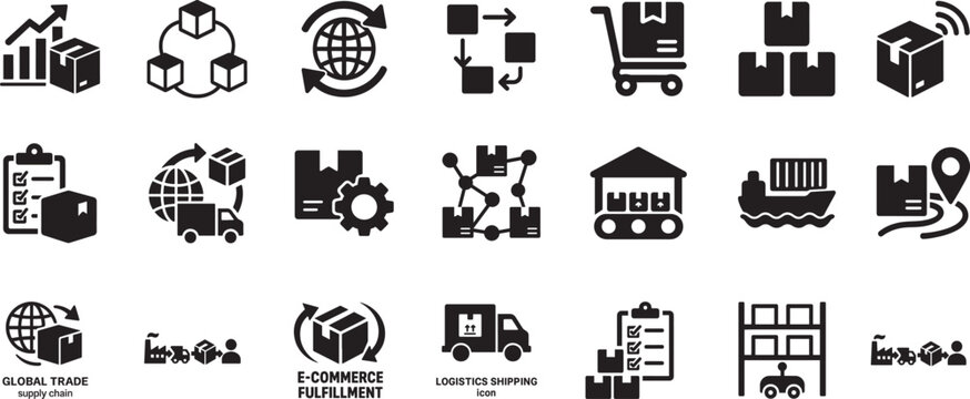 Editable flat icon set for supply chain, logistics, shipping and ecommerce fulfillment, delivery and trade.