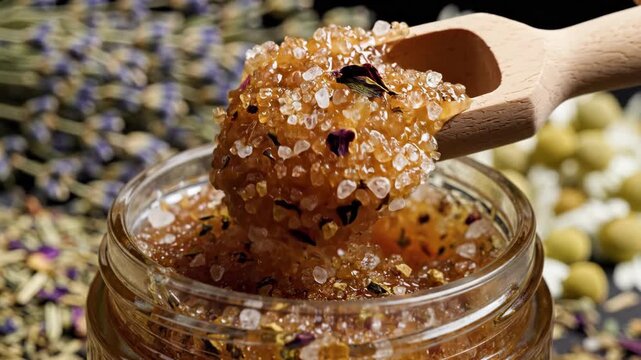 Delicate hands scoop fragrant sugar scrubs from a glass jar, blending sweet crystallized textures with enchanting floral notes amidst a backdrop of lush botanicals, creating a tranquil atmosphere.