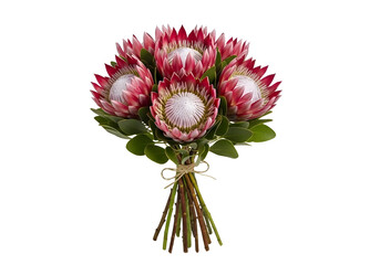 Bouquet of beautiful pink protea flowers with green leaves isolated on transparent background
