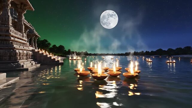 Bhaimi Ekadashi festival background with moonlit temple steps sacred river diyas