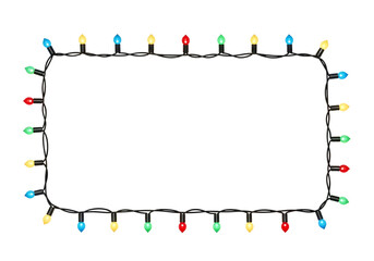 Colorful christmas lights border frame isolated on transparent background for decoration