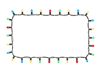 Colorful christmas lights border frame isolated on transparent background for decoration