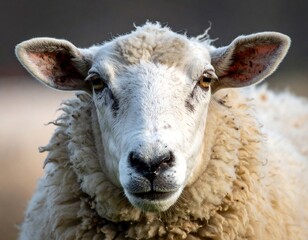 Close-up of a sheep's face, focused directly at the viewer. Soft, white wool contrasts against the dark eye and features