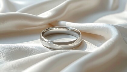 Close-up of a shiny, metallic ring resting on delicate, flowing, ivory-colored silk fabric, highlighting its sleek design and sheen
