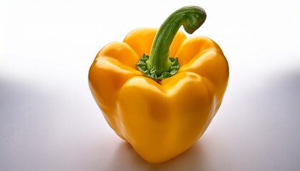 yellow bell pepper with green stem on white background for editorial food photography nutrition design and poetic freshness themed visuals
