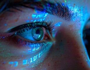 Close-up of a human eye with digital code projections, illuminated with vibrant blue and teal hues. Sparkles add shimmer