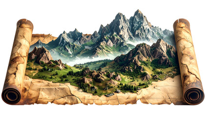 A map depicting a mountainous landscape, unrolled from parchment, with detailed terrain