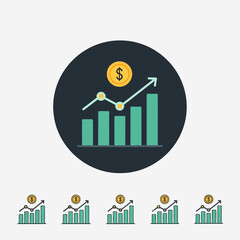 Modern financial growth app icon featuring a rising bar chart with an upward trend line and a dollar coin above it