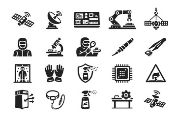 Fototapeta premium Space and technology icons: satellite, microscope, robotics, security, satellite dish