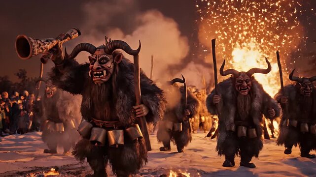 Bus&oacute;j&aacute;r&aacute;s Moh&aacute;cs festival scene with horned mask and winter smoke atmosphere