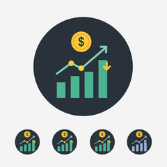 Modern financial growth app icon featuring a rising bar chart with an upward trend line and a dollar coin above it