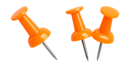Three vibrant orange thumb tacks isolated on a transparent background, various angles