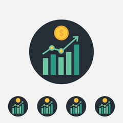 Modern financial growth app icon featuring a rising bar chart with an upward trend line and a dollar coin above it