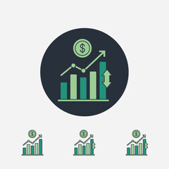 Modern financial growth app icon featuring a rising bar chart with an upward trend line and a dollar coin above it