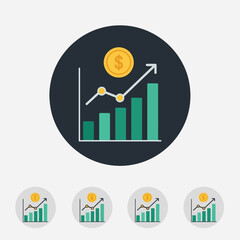 Modern financial growth app icon featuring a rising bar chart with an upward trend line and a dollar coin above it
