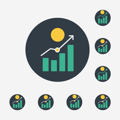 Modern financial growth app icon featuring a rising bar chart with an upward trend line and a dollar coin above it