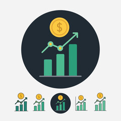 Modern financial growth app icon featuring a rising bar chart with an upward trend line and a dollar coin above it