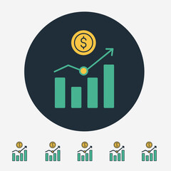 Modern financial growth app icon featuring a rising bar chart with an upward trend line and a dollar coin above it