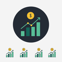 Modern financial growth app icon featuring a rising bar chart with an upward trend line and a dollar coin above it