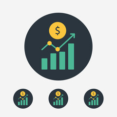 Modern financial growth app icon featuring a rising bar chart with an upward trend line and a dollar coin above it