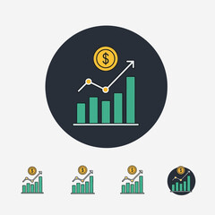 Modern financial growth app icon featuring a rising bar chart with an upward trend line and a dollar coin above it