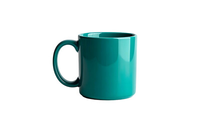 Obraz premium A teal ceramic mug stands on a black background, lit with soft, focused light