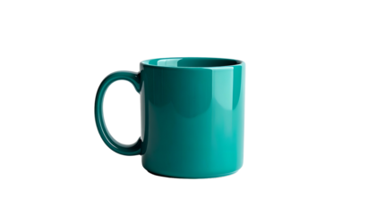 A teal ceramic mug stands on a black background, lit with soft, focused light