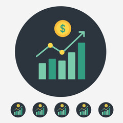 Modern financial growth app icon featuring a rising bar chart with an upward trend line and a dollar coin above it