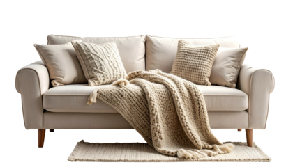 Comfortable beige sofa with pillows, knitted throw, and rug; isolated on black
