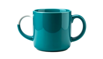 Teal mug with two handles, one with white accent, set against a black background