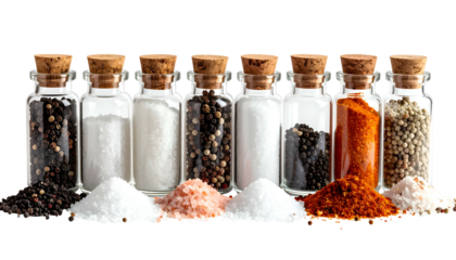 Assortment of spices and seasonings in glass jars with corks, spilling onto a surface