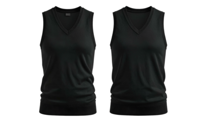 Two black sleeveless tops with V-necklines, front view, isolated on dark background
