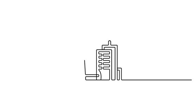 Self animated continuous line drawing illustration of an urban skyline featuring a lighthouse and several buildings.