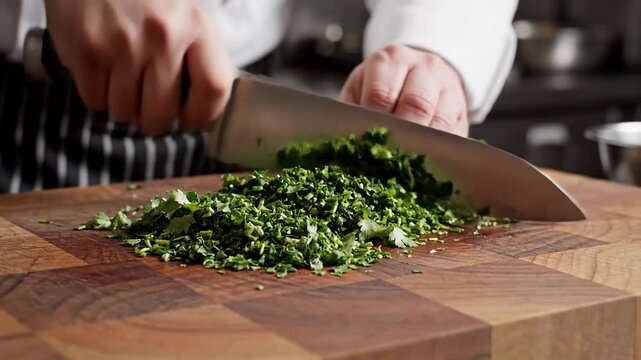 Skilled chef meticulously chopping fresh green herbs with a gleaming chef's knife on a wooden cutting board in a professional kitchen
