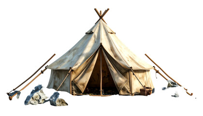 A rustic canvas tent pitched with poles, rocks, and a small box; outdoors