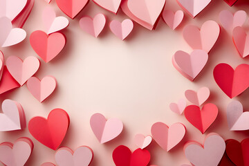 Paper cut art style of pink and red hearts, layered paper texture, soft shadows, minimalist Valentine's Day greeting card background