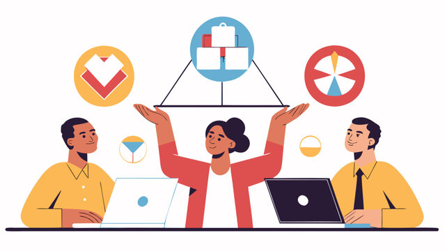 Flat illustration featuring professionals guiding business strategy with laptops and charts