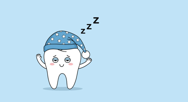 Cute sleepy cartoon tooth character wearing a starry nightcap with ZZZs above its head on a calm blue background illustration.