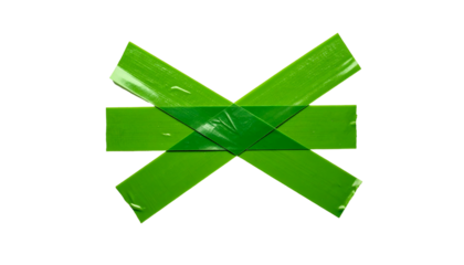 Green tape strips form an X and a horizontal line against a black background