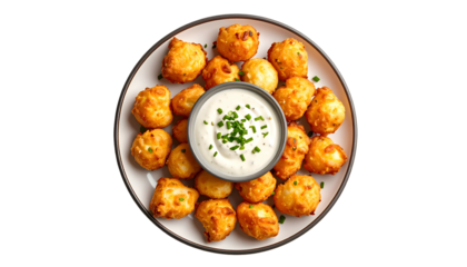 Overhead shot of fried, golden-brown food balls with creamy dip and chives